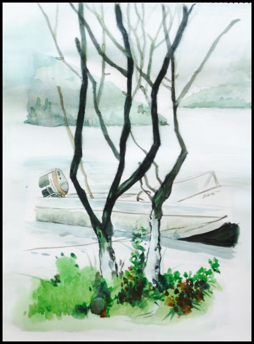 수채화. 풍경화 들어가다.